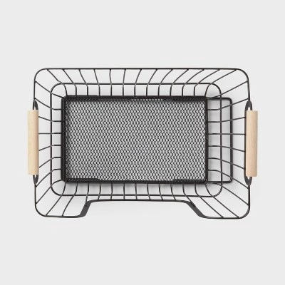 Metal Stackable Wire Pantry Basket with Rubber Wood Handle Black - Brightroom™ 4 Metal Stackable Wire Pantry Basket with Rubber Wood Handle Black - Brightroom™ - Image 2