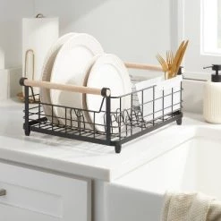 Metal Dish Rack with Powder Coated Finish and Rubber Wood Handles Black - Brightroom™