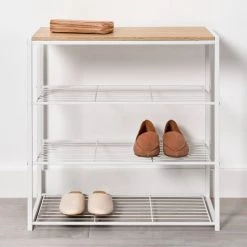 4 Tier Shoe Rack White Metal with Natural Wood - Brightroom™