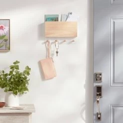 Mixed Material Mail Holder Matte White Hooks on Light Wood - Brightroom™