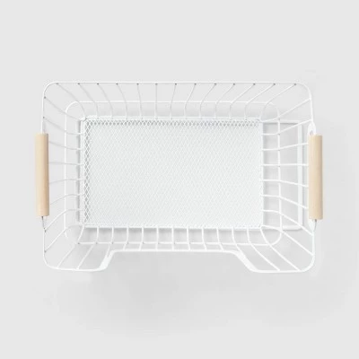 Metal Stackable Wire Pantry Basket with Rubber Wood Handle White - Brightroom™ 4 Metal Stackable Wire Pantry Basket with Rubber Wood Handle White - Brightroom™ - Image 2